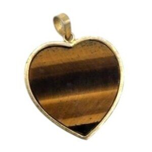 Bezel Set Tiger Eye Heart Pendant Silver Tone Metal